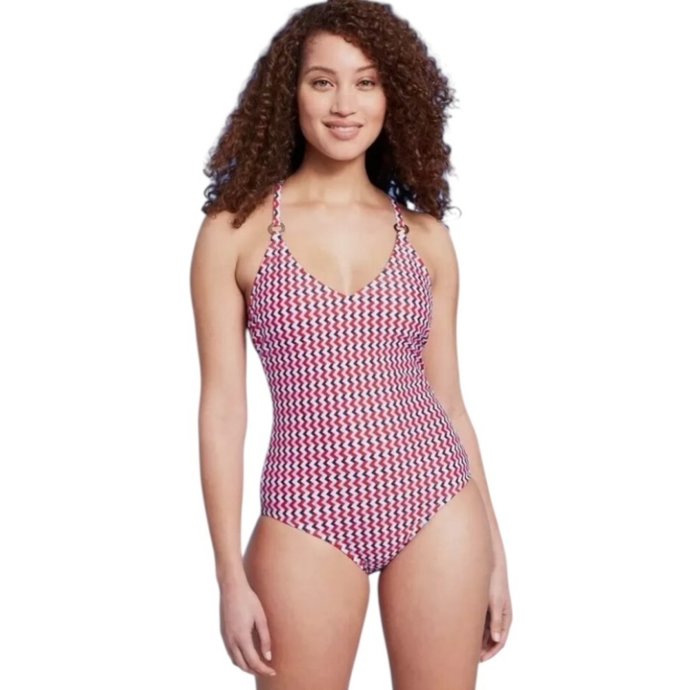 Kona Sol Red, White, and Blue Geometric One Piece Swimsuit Size 18